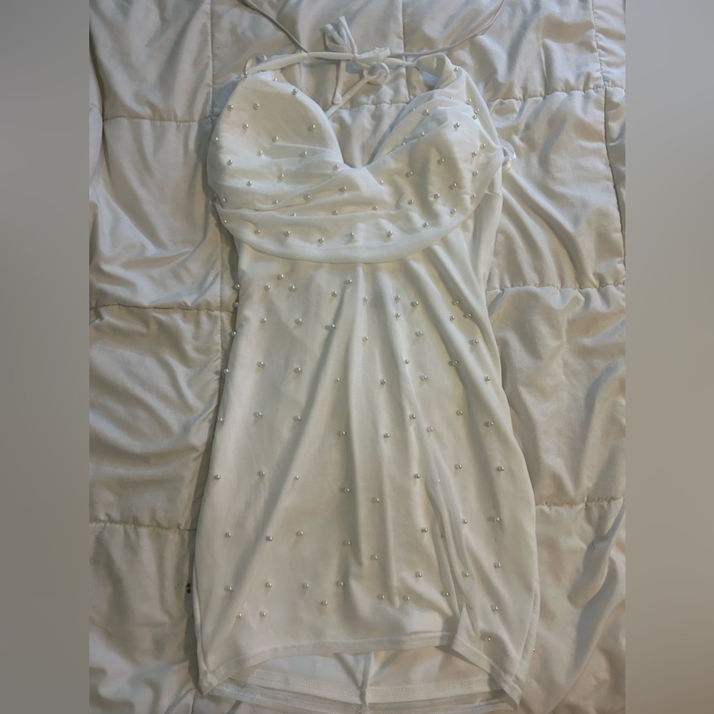 windsor white pearl low cut back dress